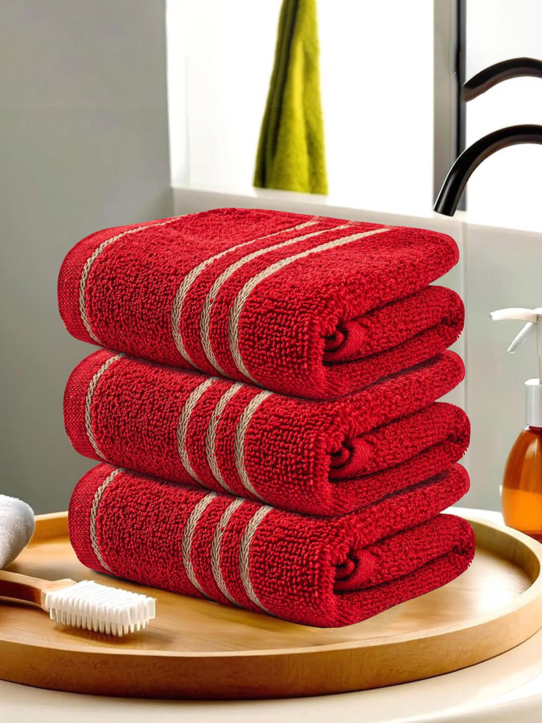 Kuber Industries Red & Beige 3 Pieces Striped Cotton 450 GSM Bath Towel