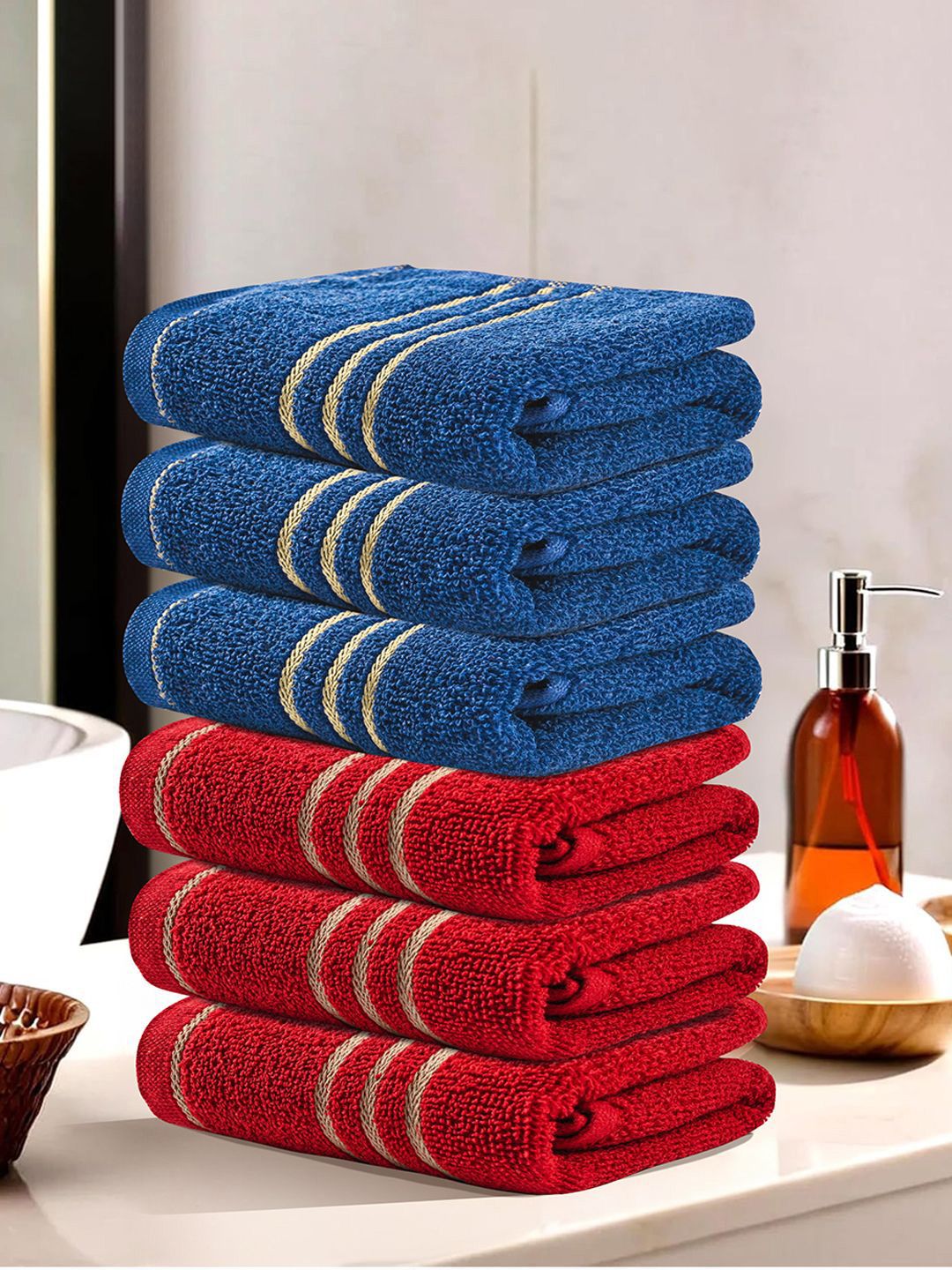 Kuber Industries Red & Blue 5 Pieces Striped Cotton 450 GSM Bath Towel
