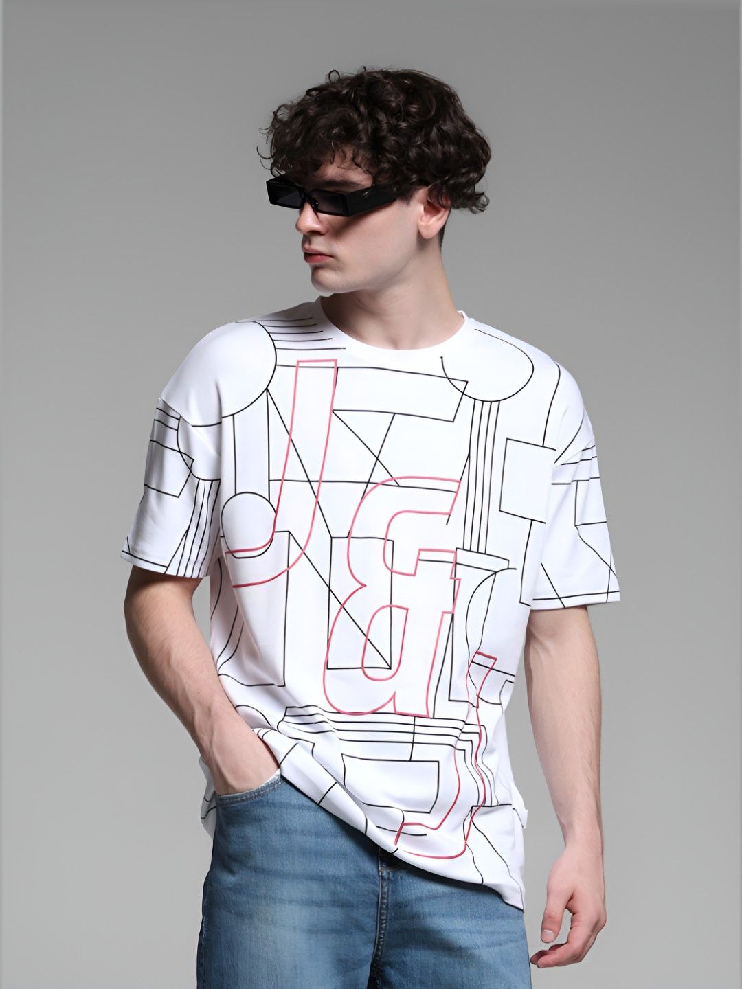 Jack & Jones Men Graphic Printed Round Neck Cotton Oversized T-shirt