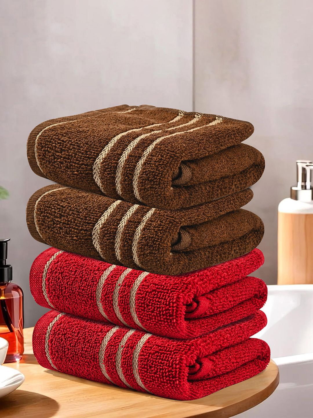 Kuber Industries Red & Brown 4 Pieces Striped Cotton 450 GSM Bath Towels