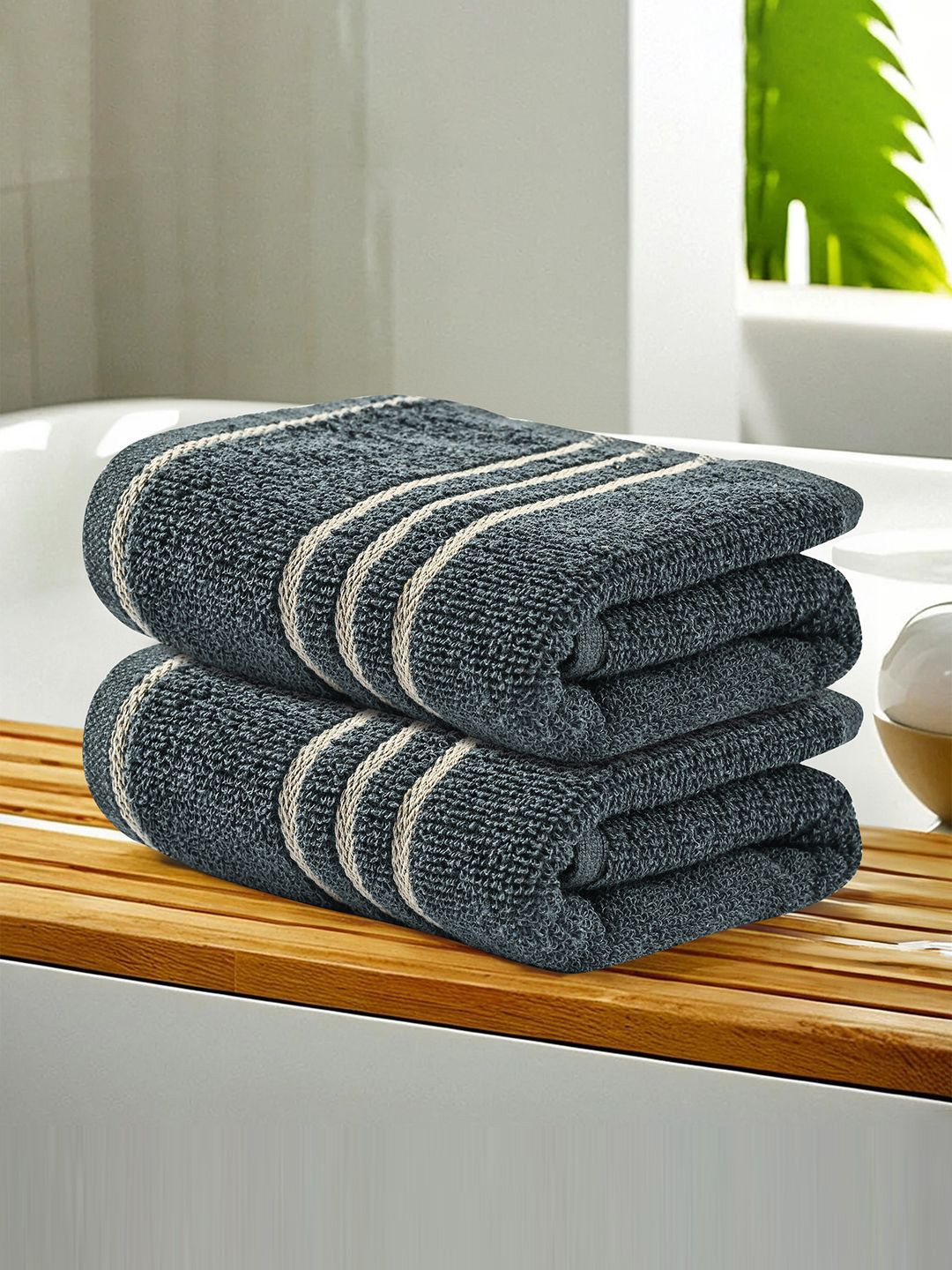 Kuber Industries Grey 2 Pieces Striped Cotton 450 GSM Bath Towel