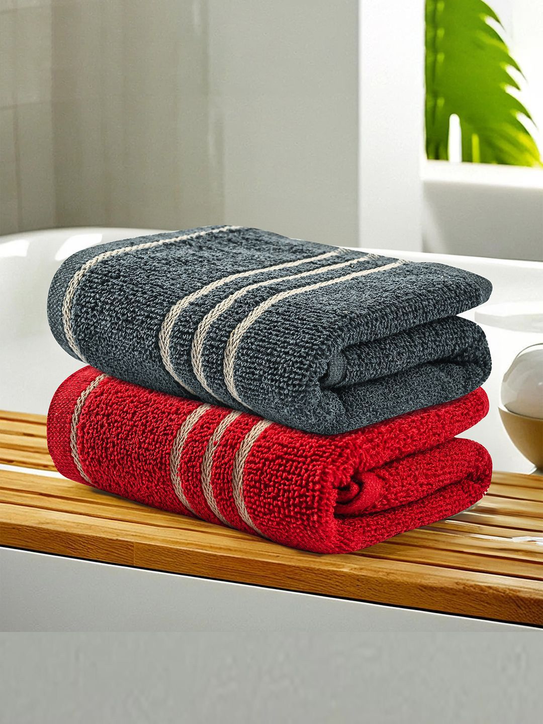 Kuber Industries Red & Grey 2 Pieces Striped Cotton 450 GSM Bath Towel