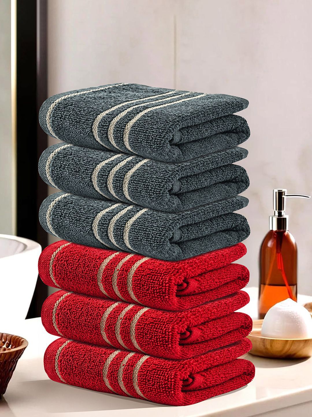 Kuber Industries Red & Grey 6 Pieces Striped Cotton 450 GSM Face Towels