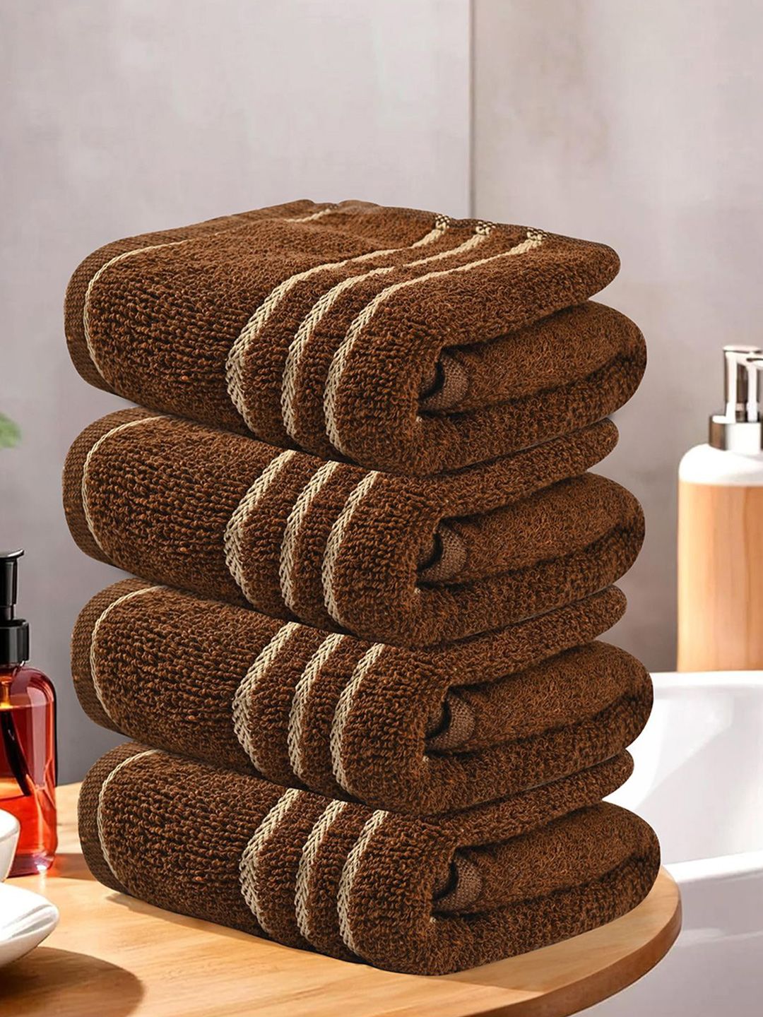 Kuber Industries Brown & Beige 4 Pieces Striped Cotton 450 GSM Face Towels