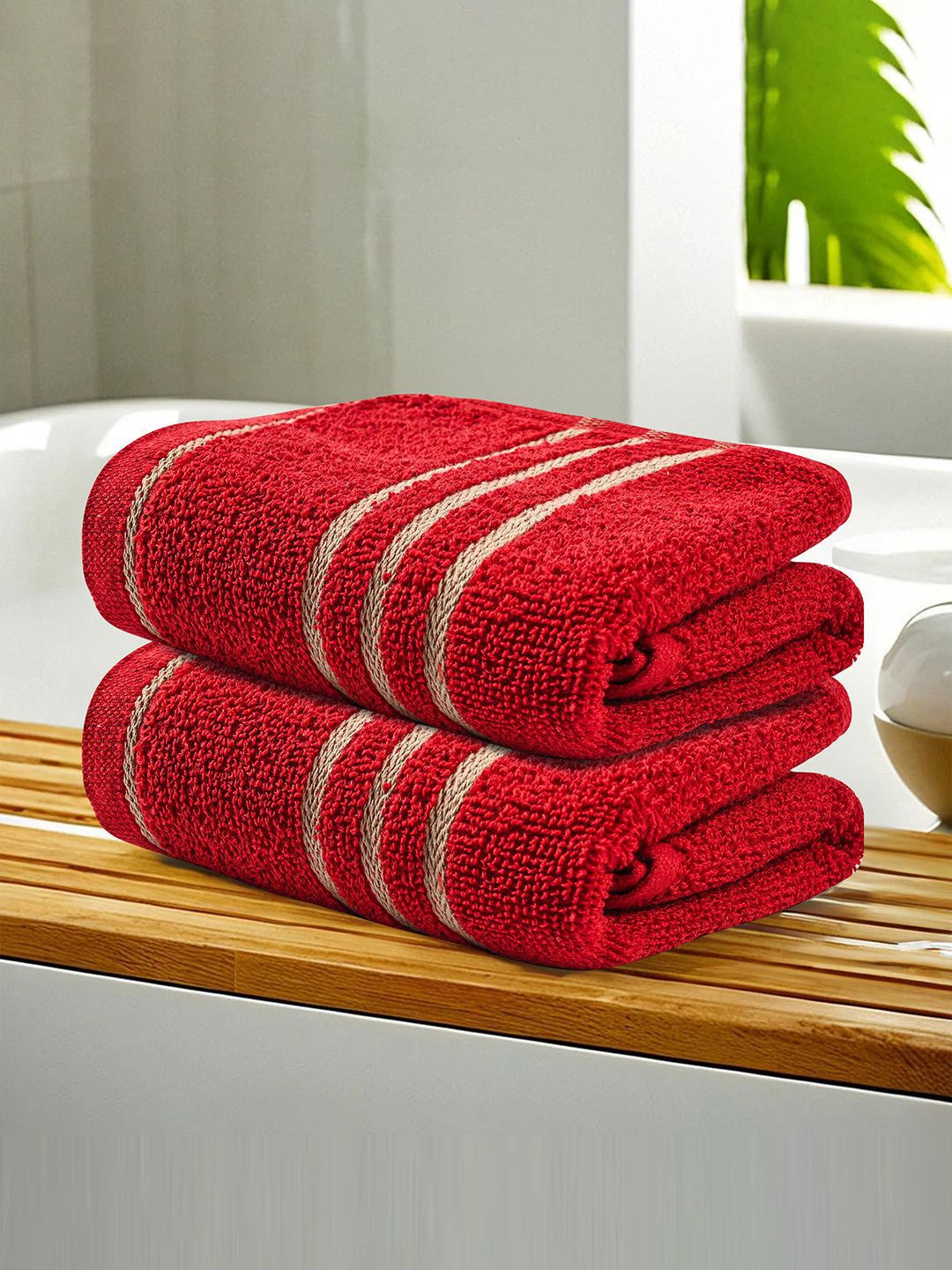 Kuber Industries Red & Beige 2 Pieces Striped Cotton 450 GSM Bath Towel