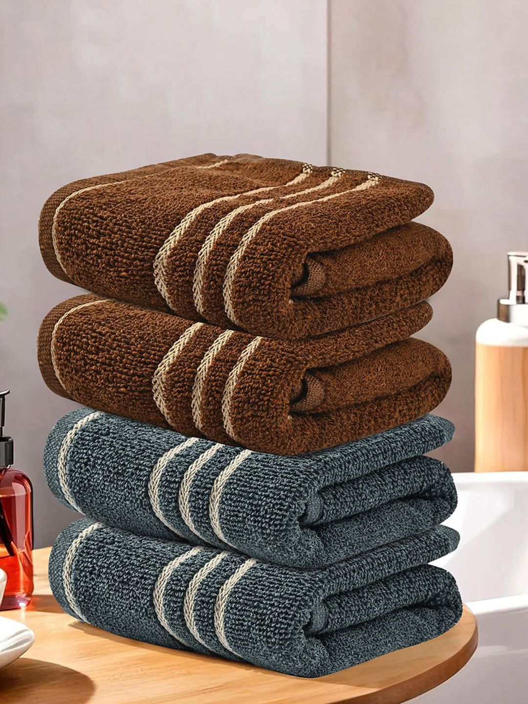 Kuber Industries Grey & Brown 4 Striped Cotton 450 GSM Bath Towel