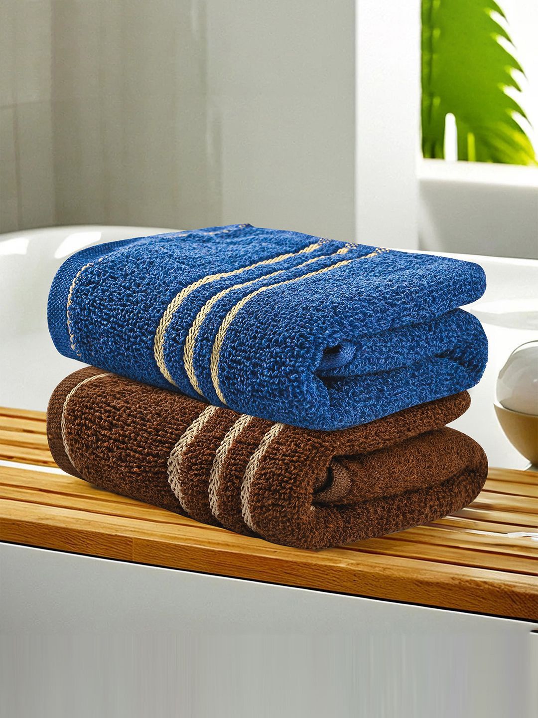 Kuber Industries Brown & Blue 2 Pieces Striped Cotton 450 GSM Bath Towel