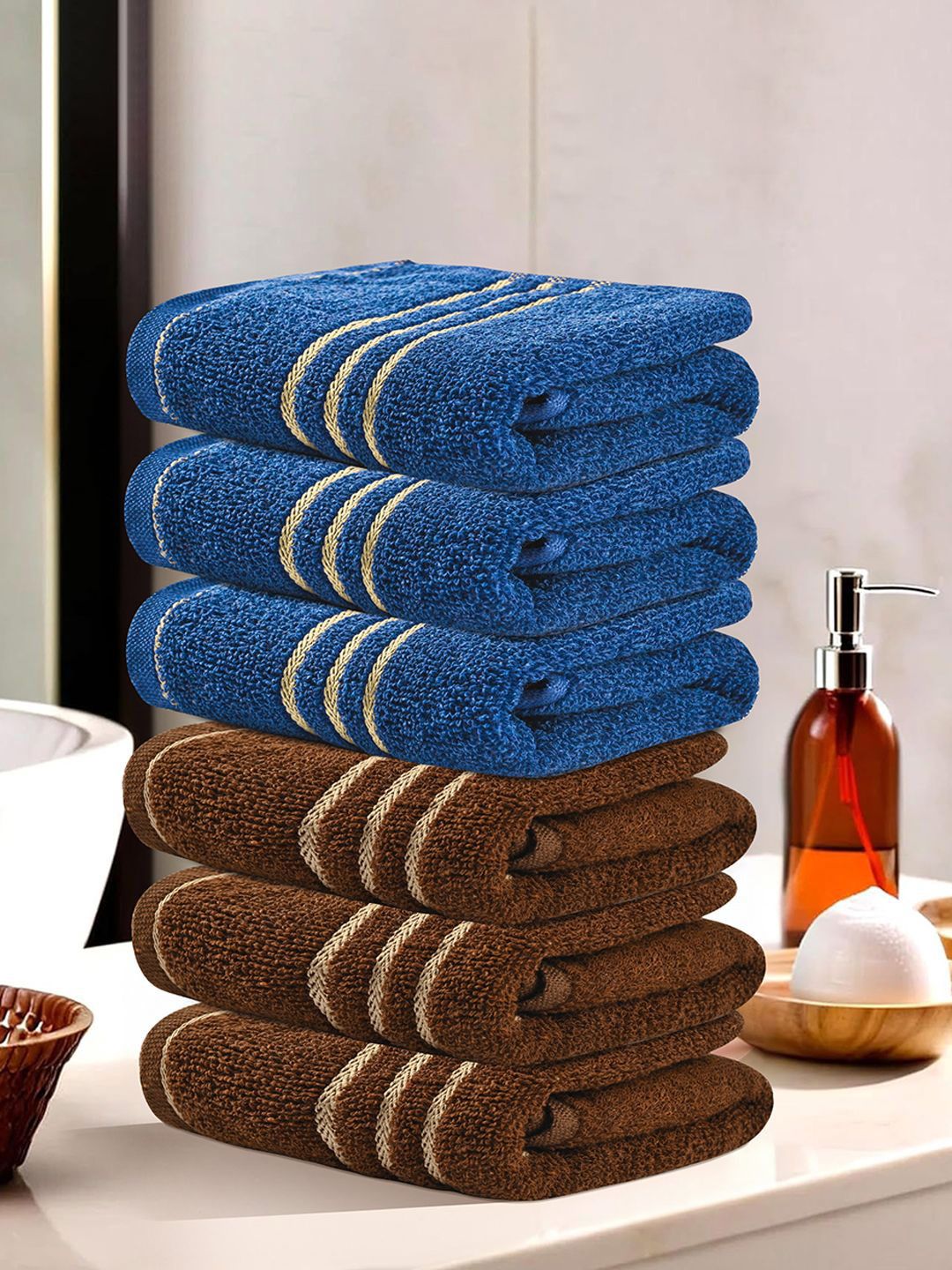 Kuber Industries Brown & Blue 6 Pieces Striped Cotton 450 GSM Bath Towel