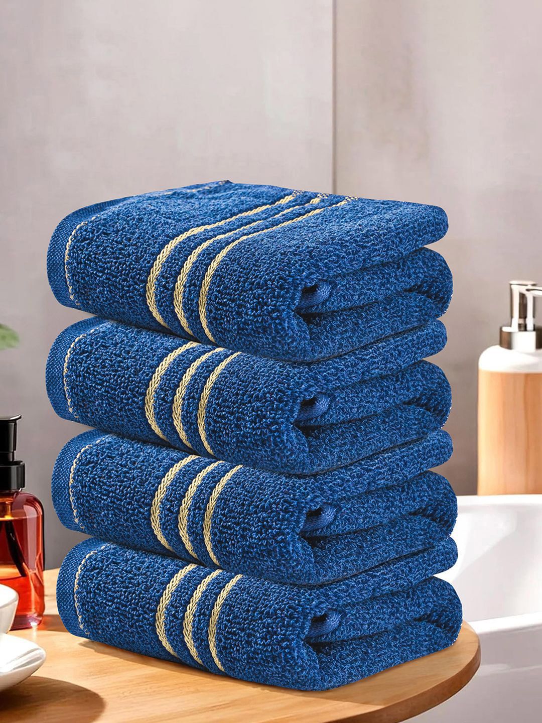 Kuber Industries Blue & Beige 4 Pcs Striped Cotton 450 GSM Bath Towel