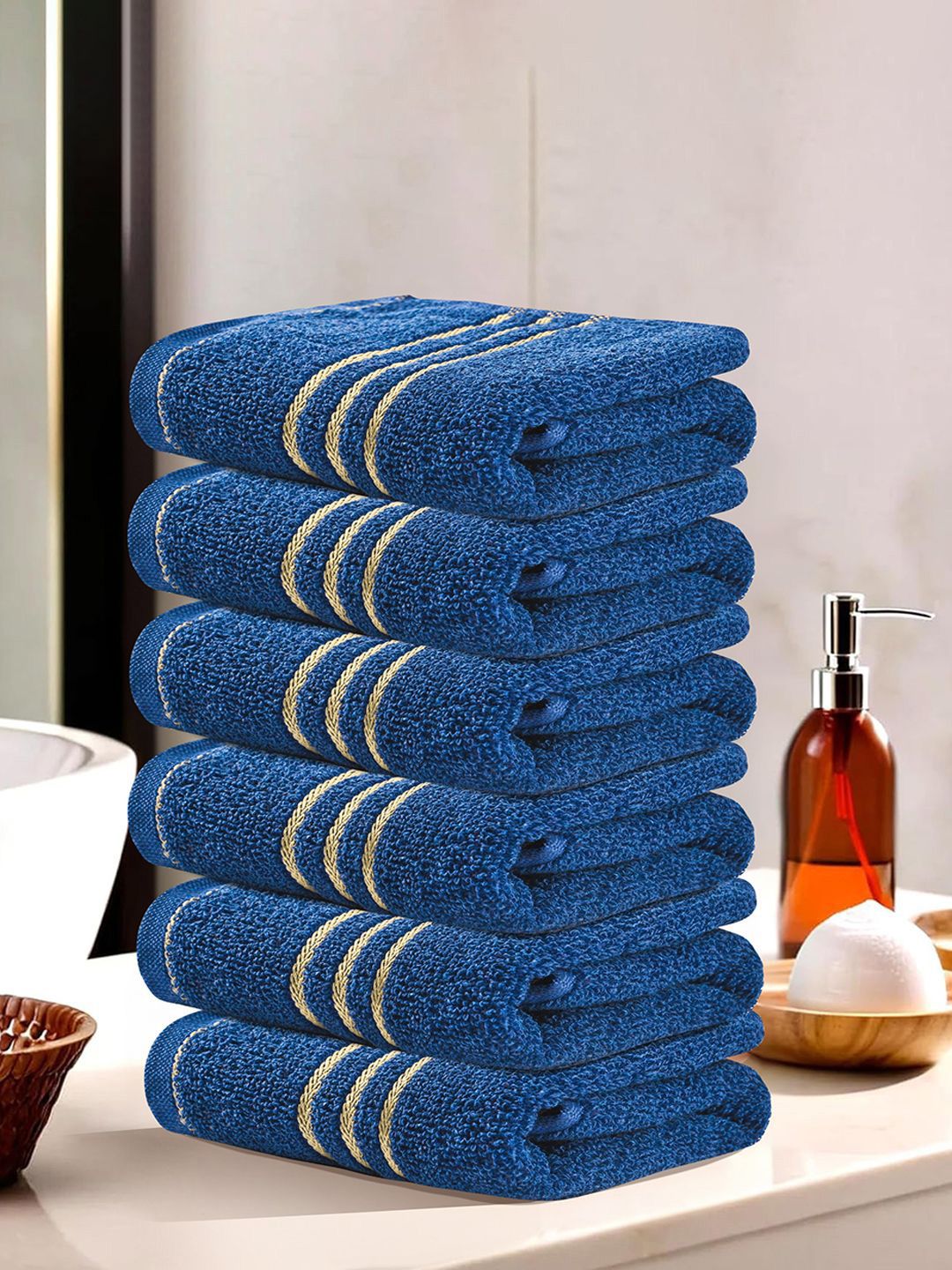 Kuber Industries Blue & Beige 6 Pieces Striped Cotton 450 GSM Bath Towel