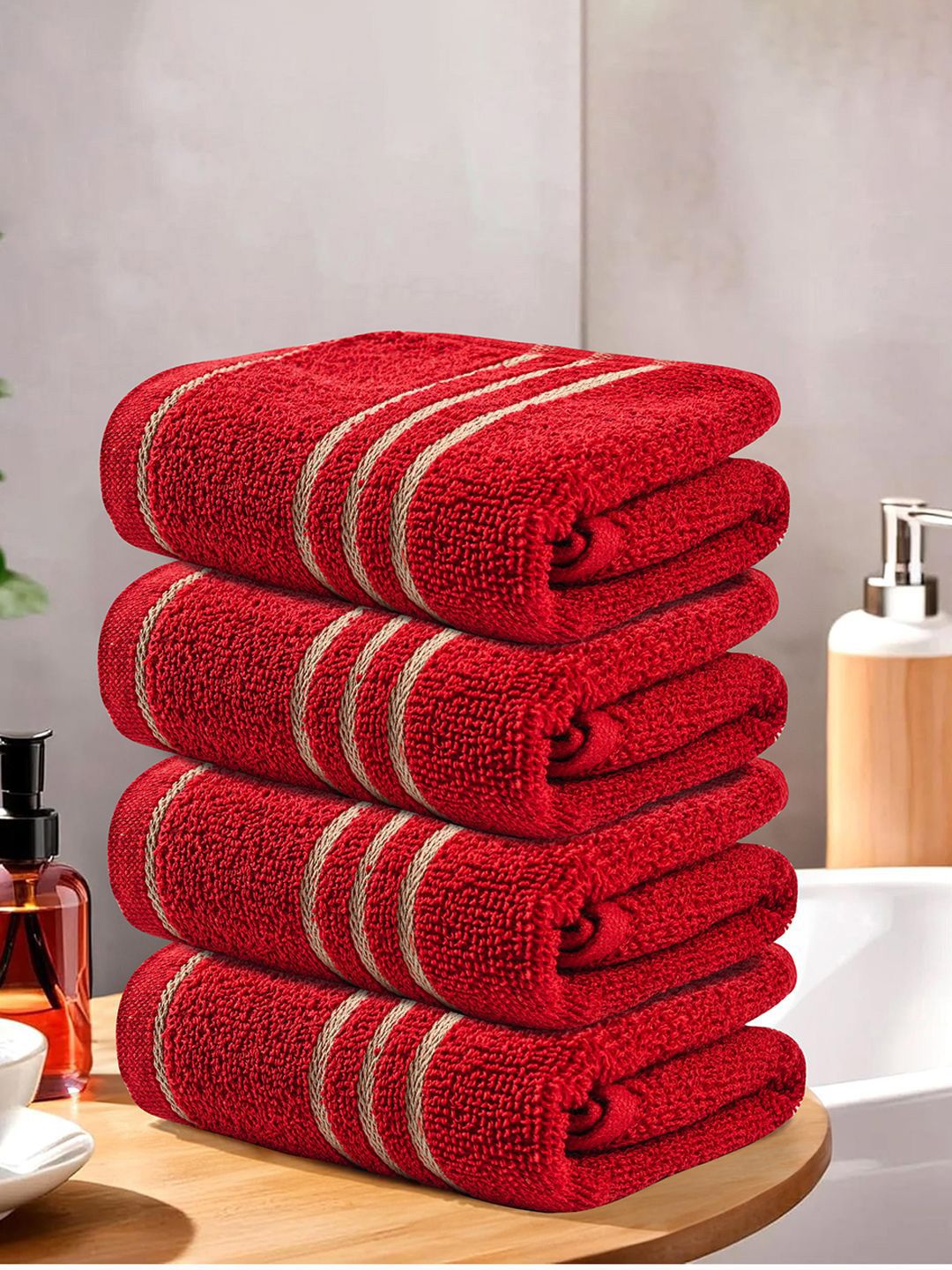 Kuber Industries Red & Beige 4 Pieces Striped Cotton 450 GSM Bath Towel