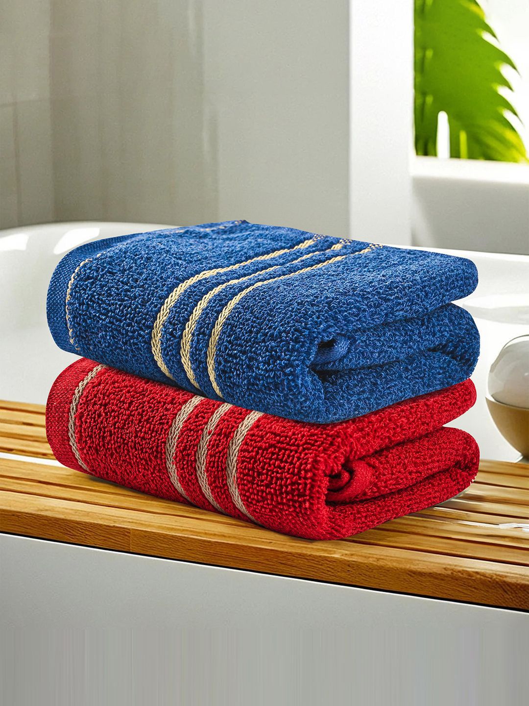 Kuber Industries Red & Blue 2 Pieces Striped Cotton 450 GSM Face Towels