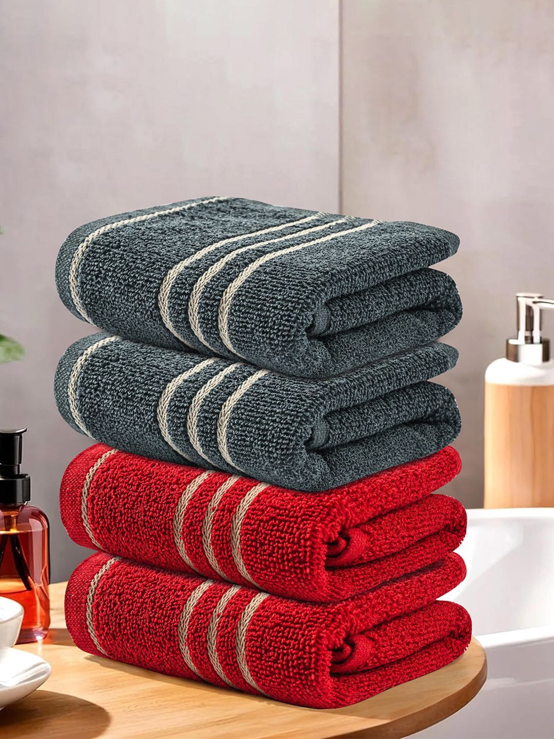 Kuber Industries Red & Grey 4 Pieces Striped Cotton 450 GSM Bath Towel