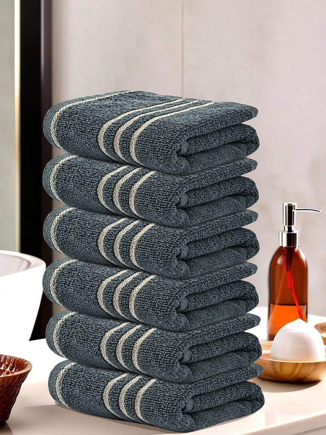 Kuber Industries Grey 6 Pieces Striped Cotton 450 GSM Face Towels