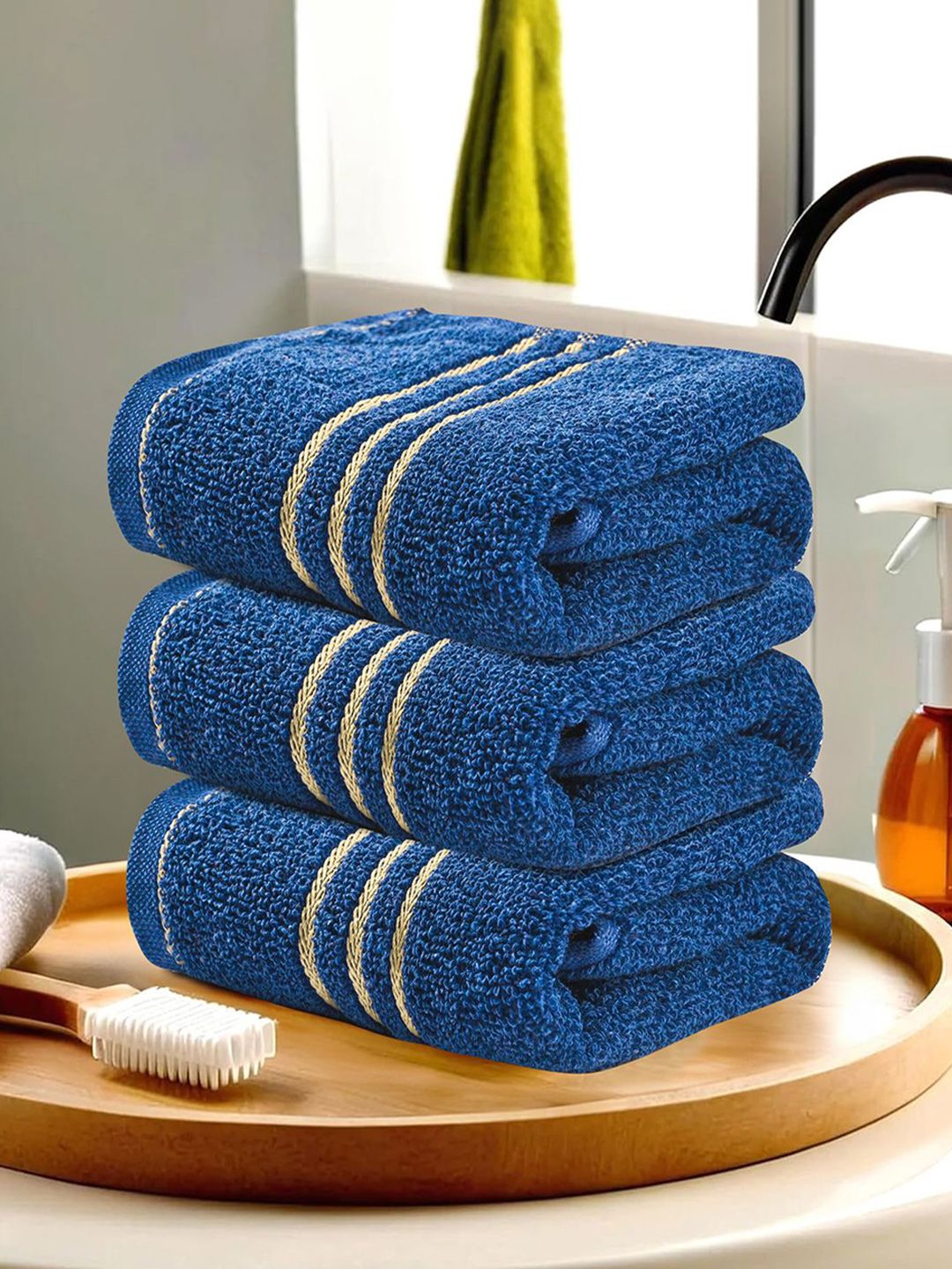 Kuber Industries Blue & Beige 3 Pieces Striped Cotton 450 GSM Bath Towels