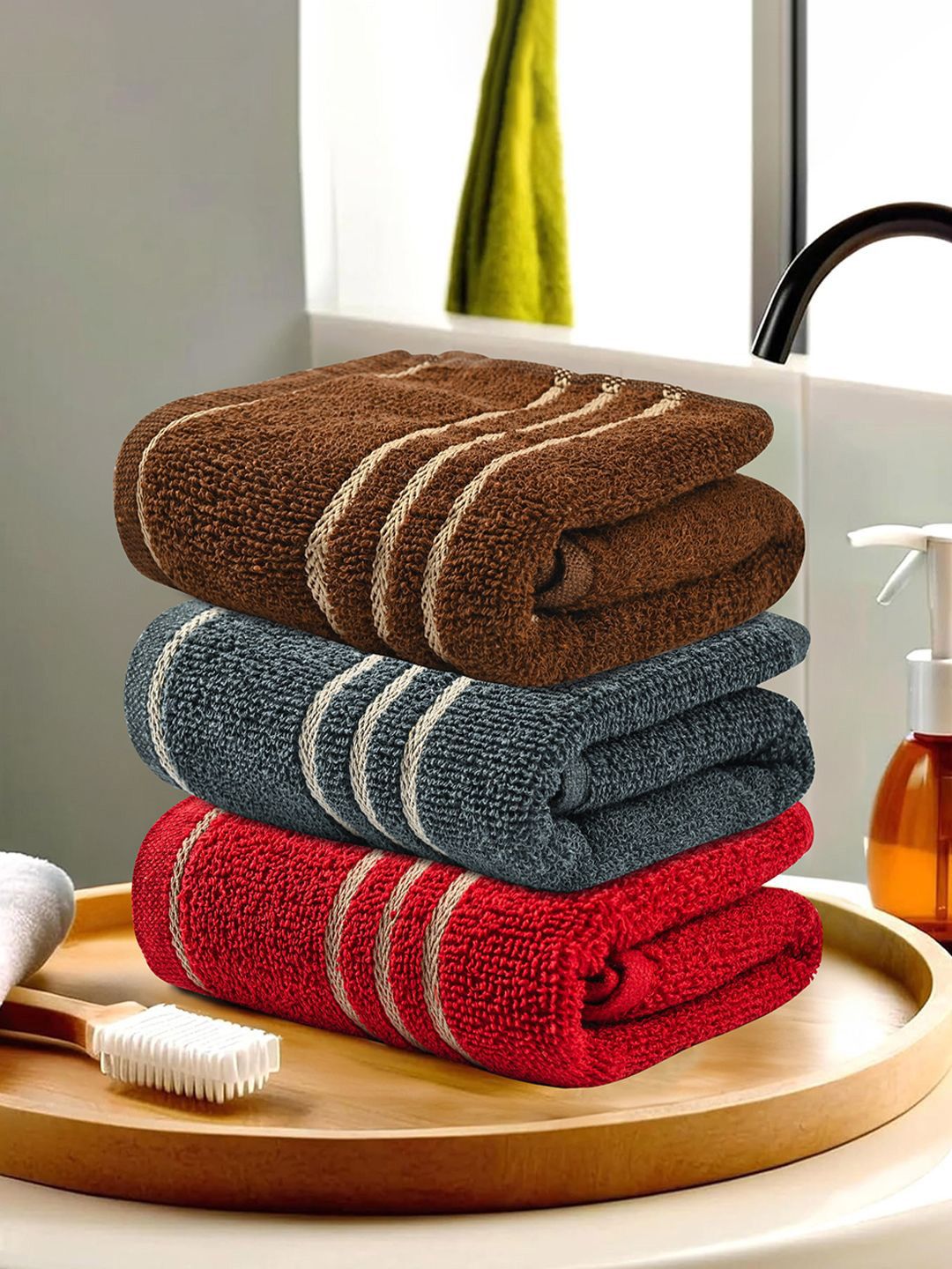 Kuber Industries Red & Grey 3 Pieces Striped Cotton 450 GSM Bath Towel