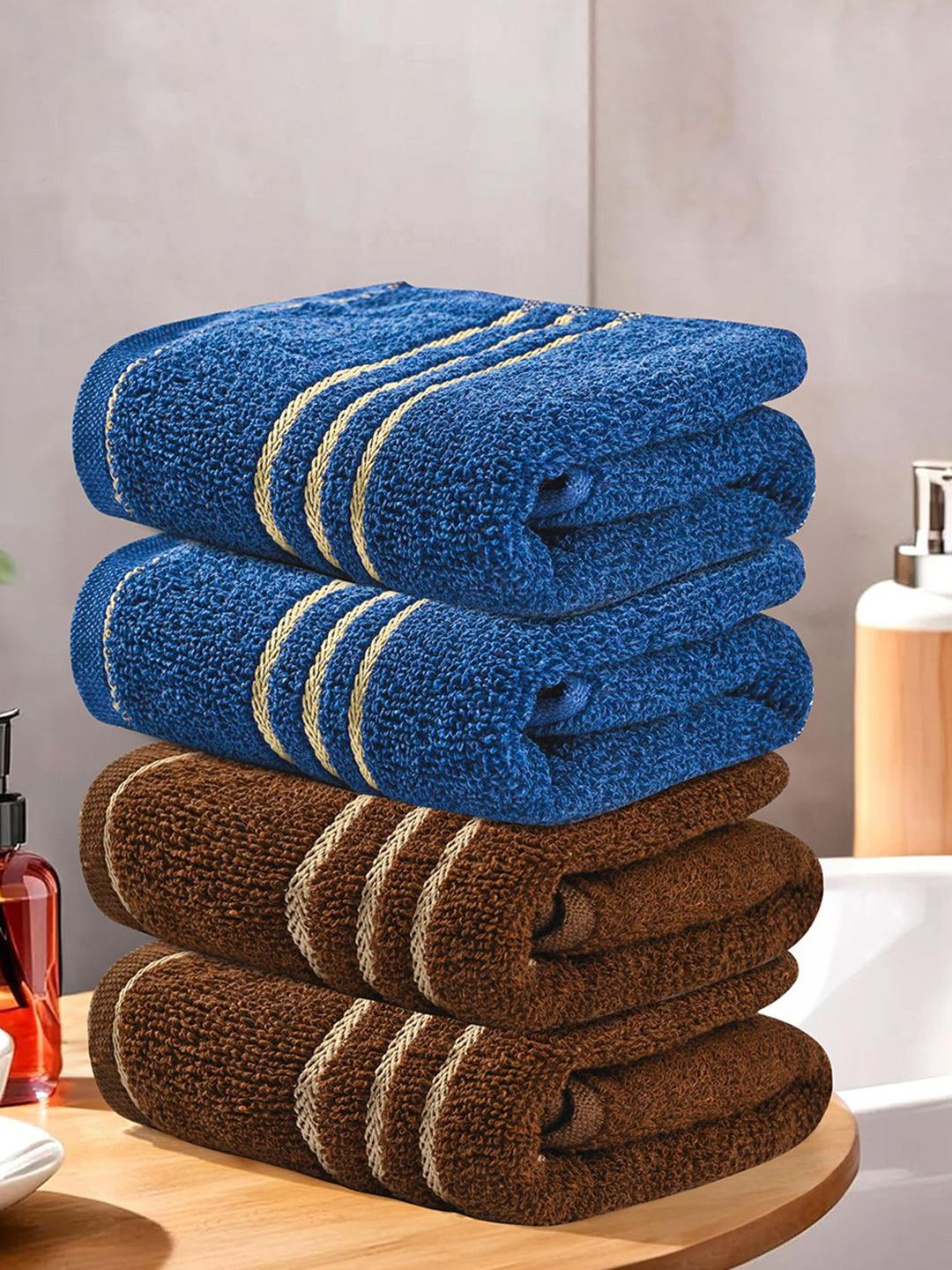 Kuber Industries Brown & Blue 4 Pieces Striped Cotton 450 GSM Bath Towels