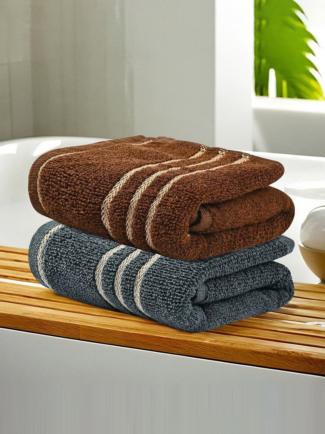 Kuber Industries Grey & Brown 2 Pieces Striped Cotton 450 GSM Bath Towel