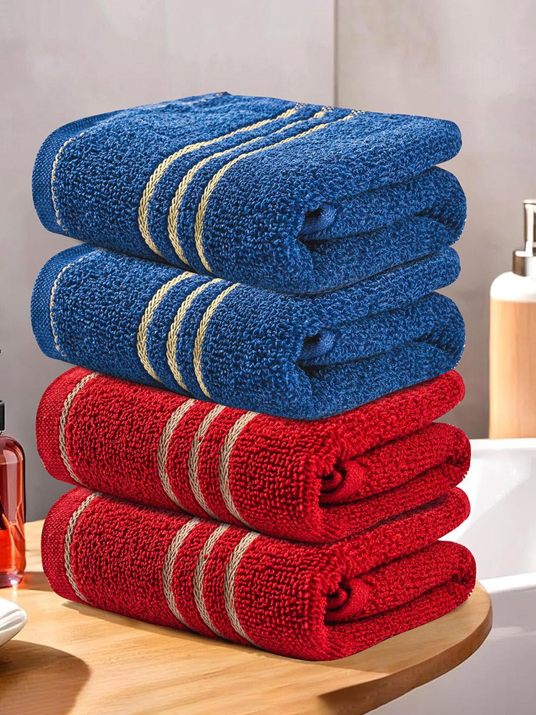 Kuber Industries Red & Blue 4 Pieces Striped Cotton 450 GSM Bath Towel