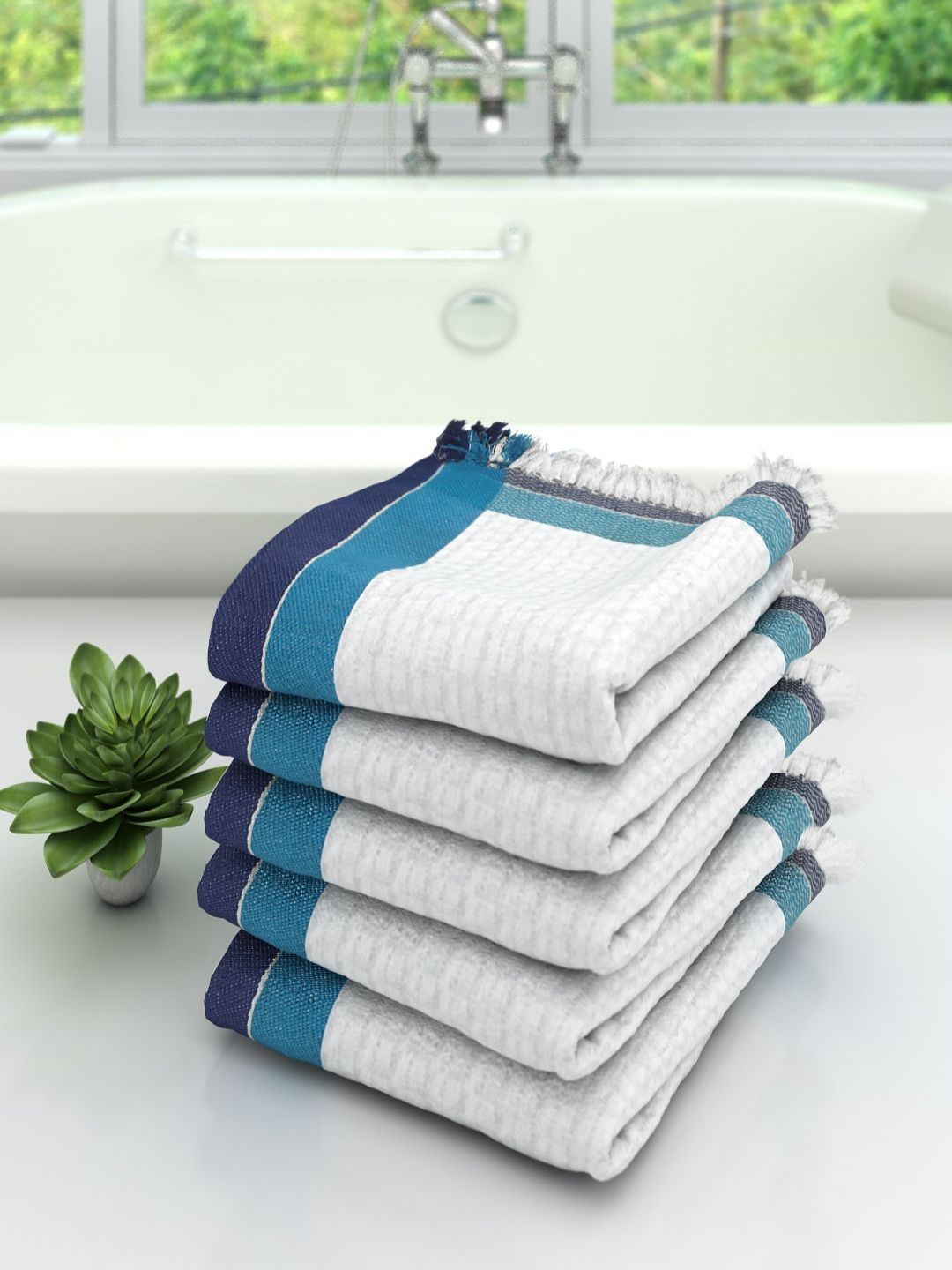 Aura White & Blue 5 Pieces Textured 210 GSM Pure Cotton Quick-Dry Bath Towel
