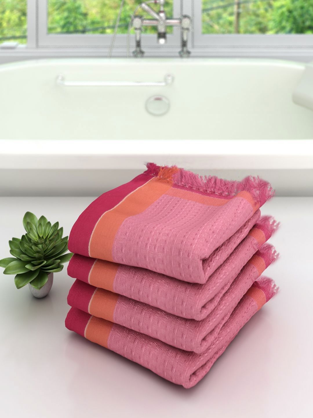 Aura Pink & Orange 4 Pieces Cotton 210 GSM Bath Towel