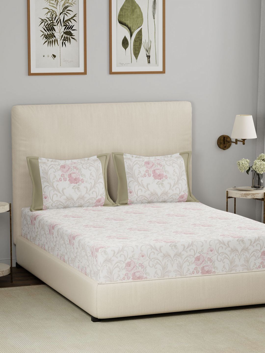 MASPAR MASPAR Eclectic Garden White Floral Pure Cotton 210 TC Fitted King Fine Bedsheet with 2 Pillow Covers-108 x 108 inches