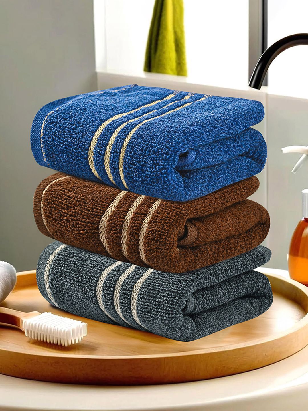 Kuber Industries Grey & Brown 3 Pieces Striped Cotton 450 GSM Face Towel