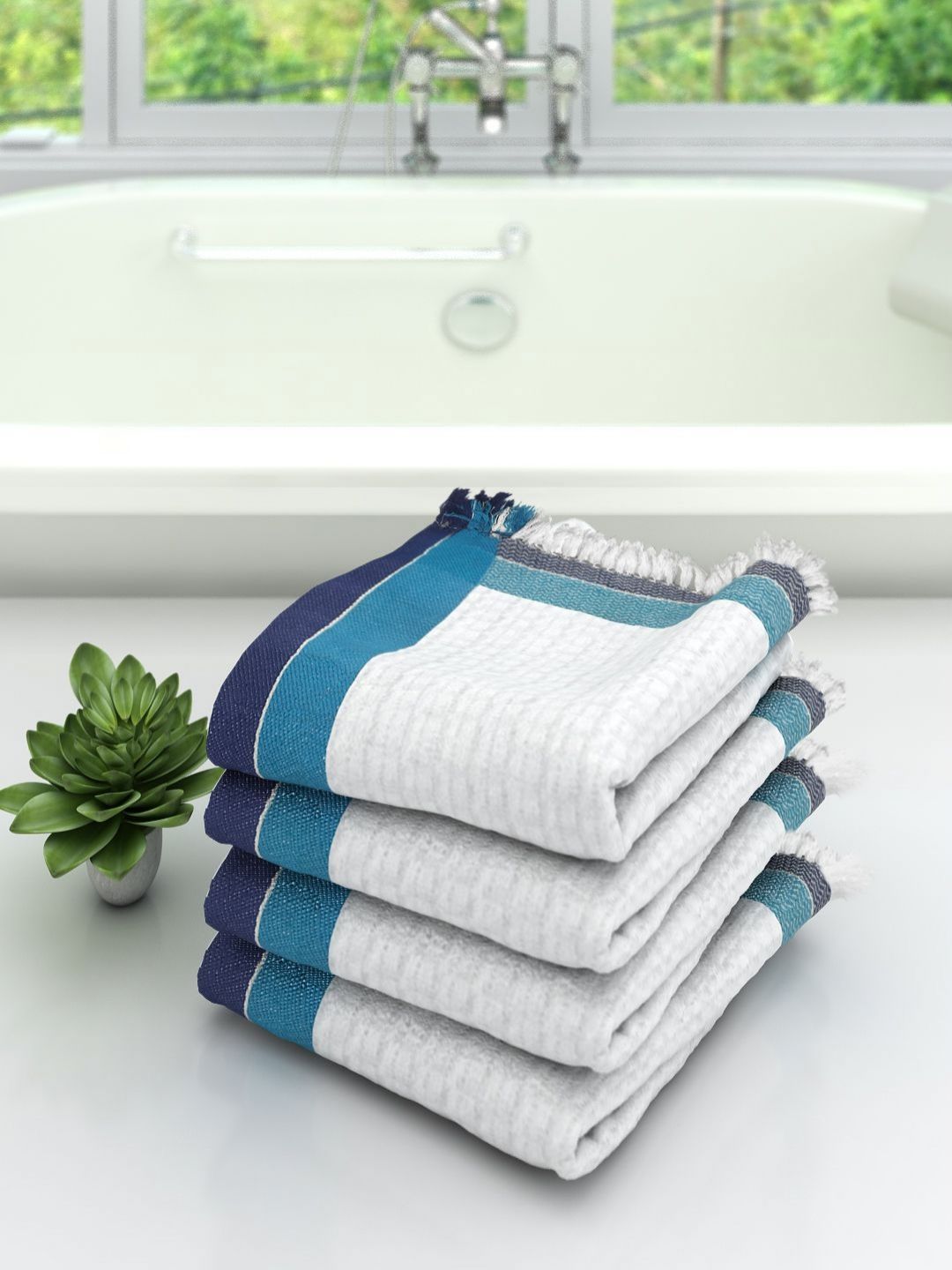 Aura White & Blue 4 Pieces Cotton 210 GSM Bath Towel
