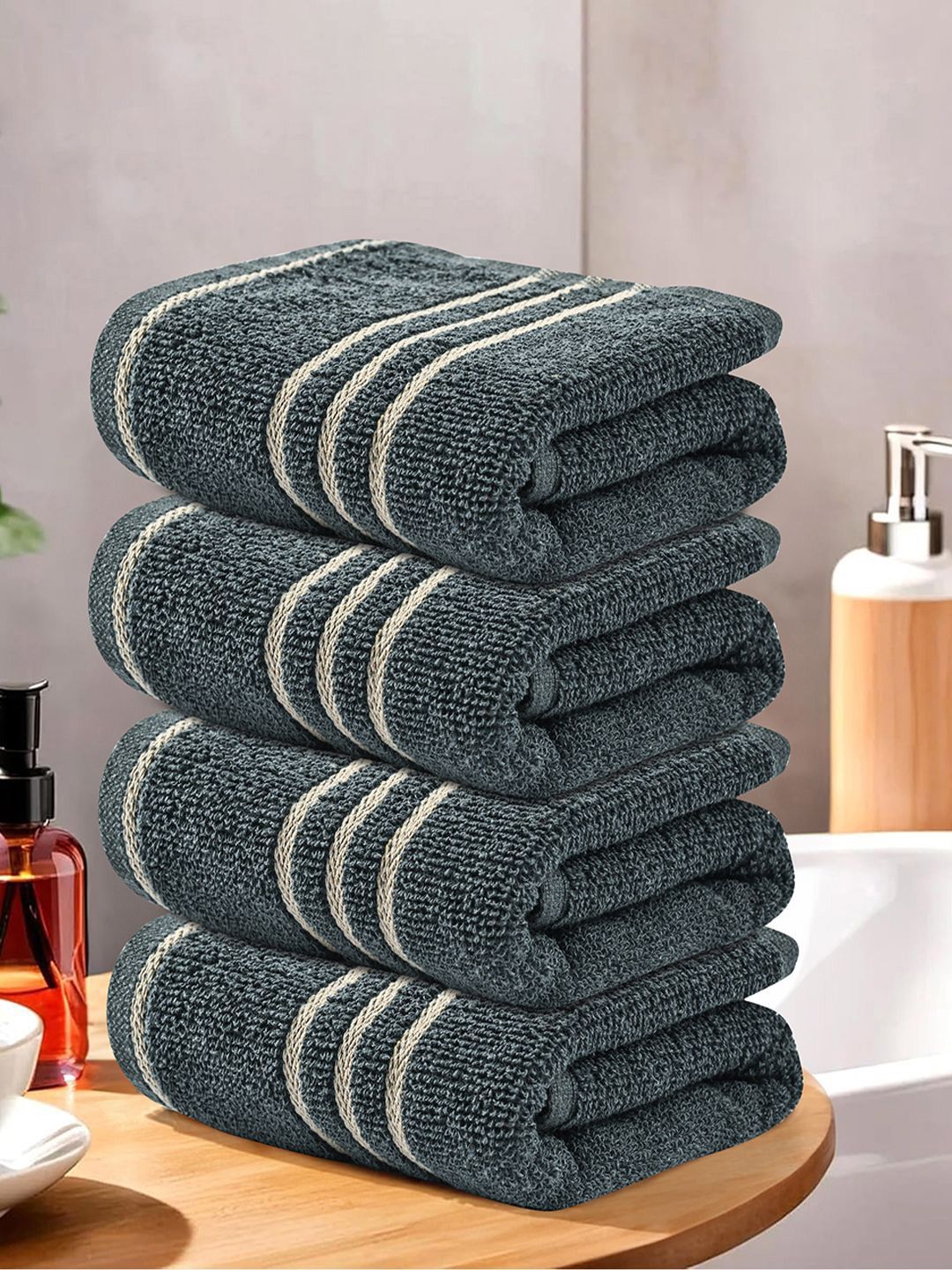 Kuber Industries Grey & Beige 4 Pieces Striped Cotton 450 GSM Face Towel