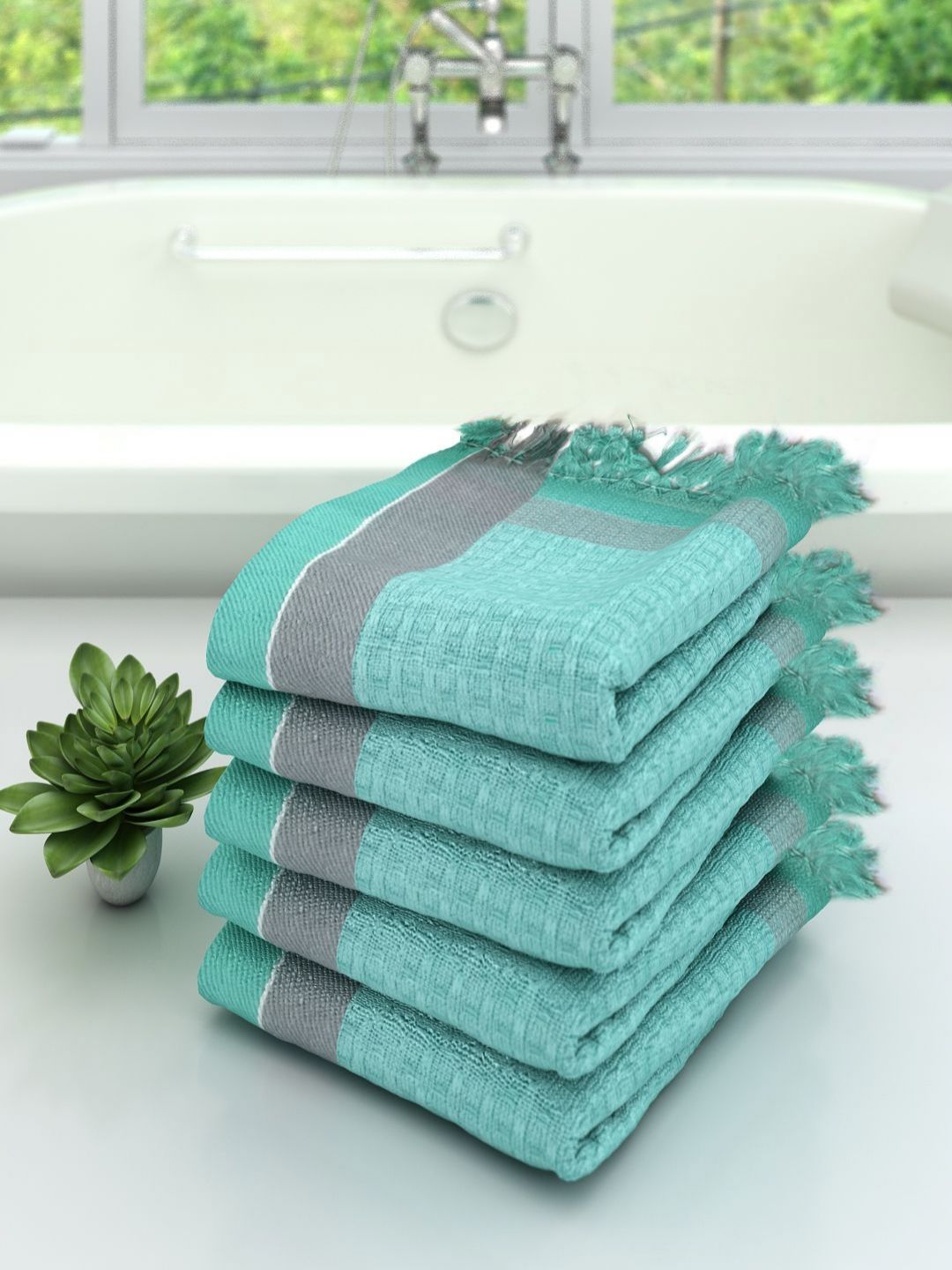 Aura Sea Green & Grey 5 Pieces Cotton 210 GSM Bath Towel