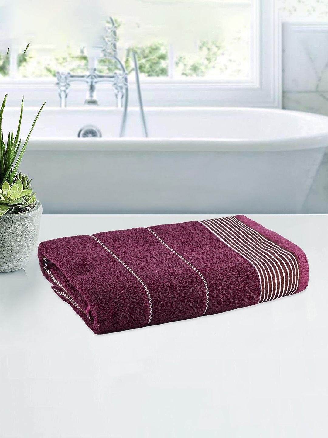 Kuber Industries Maroon & White Striped Cotton 450 GSM Bath Towel