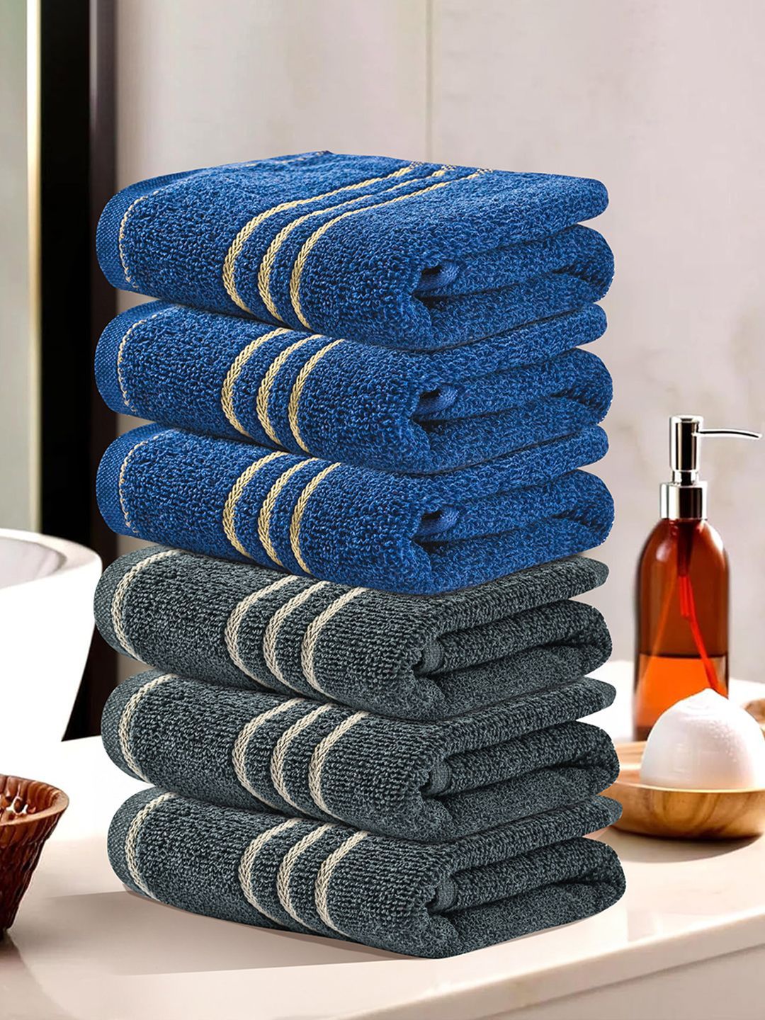 Kuber Industries Grey & Blue 5 Pieces Striped Cotton 450 GSM Bath Towels