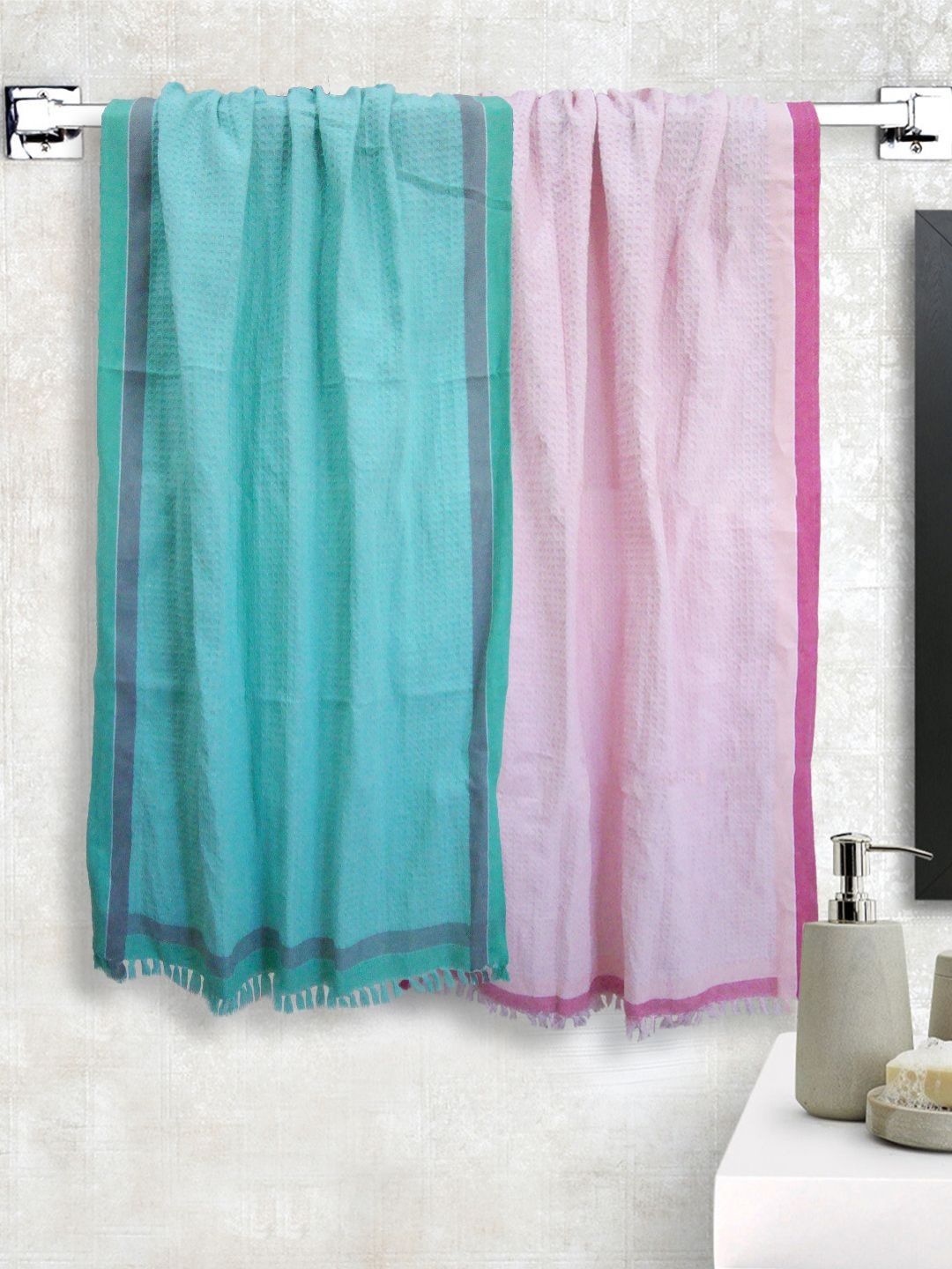 Aura Pink & Green 2 Pieces Cotton 210 GSM Bath Towel
