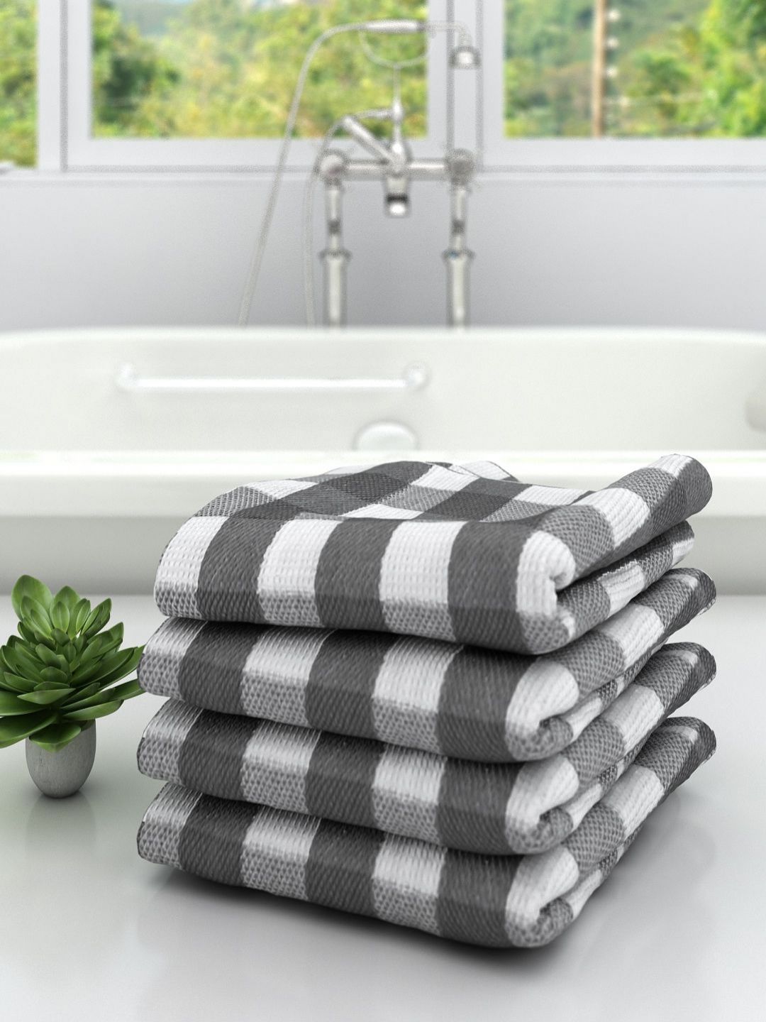 Aura White & Grey 4 Pieces Striped Cotton 210 GSM Bath Towel