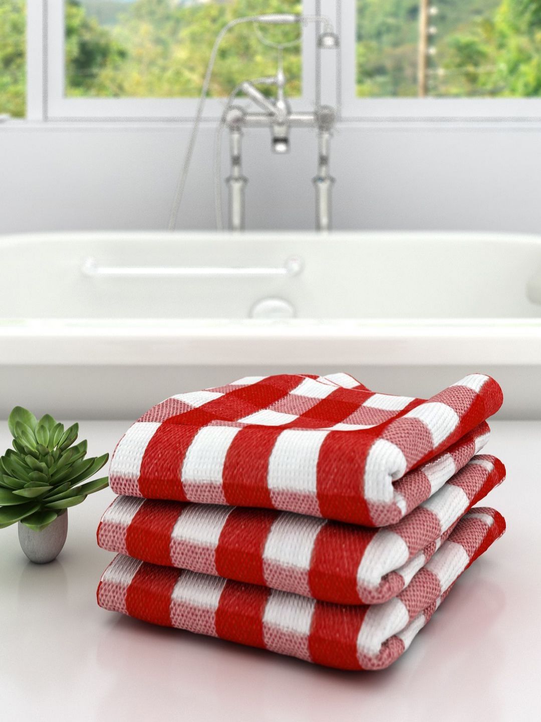 Aura White & Red 3 Pieces Striped Cotton 210 GSM Bath Towels