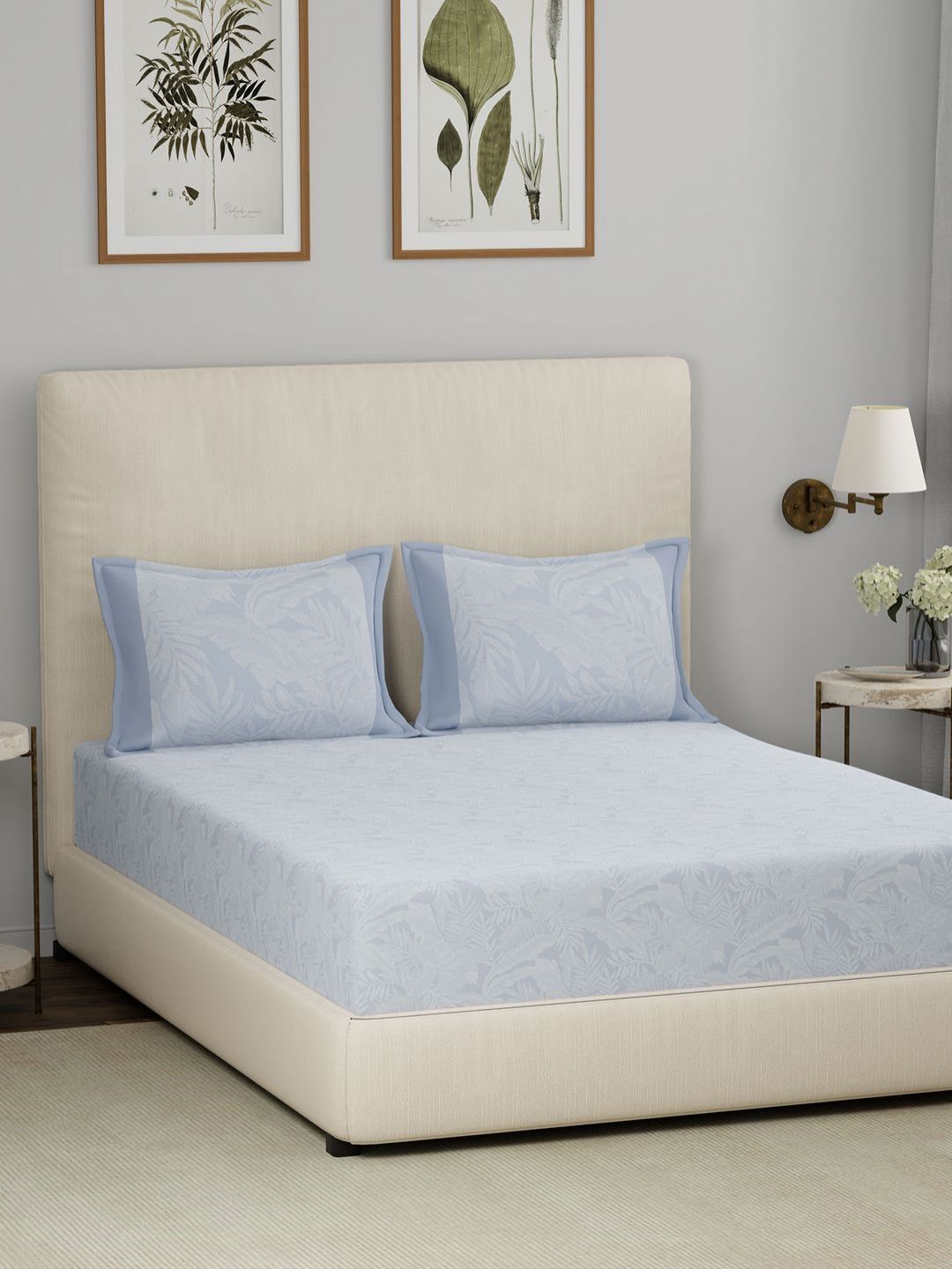MASPAR MASPAR Eclectic Garden Blue Leaf Pure Cotton 210 TC King Fine Bedsheet with 2 Pillow Covers-108 x 108 inches