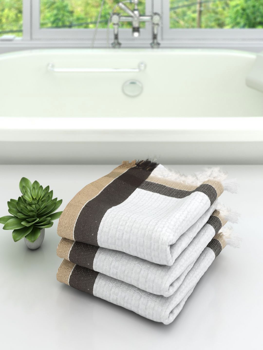Aura White & Brown 3 Pieces Cotton 210 GSM Bath Towel