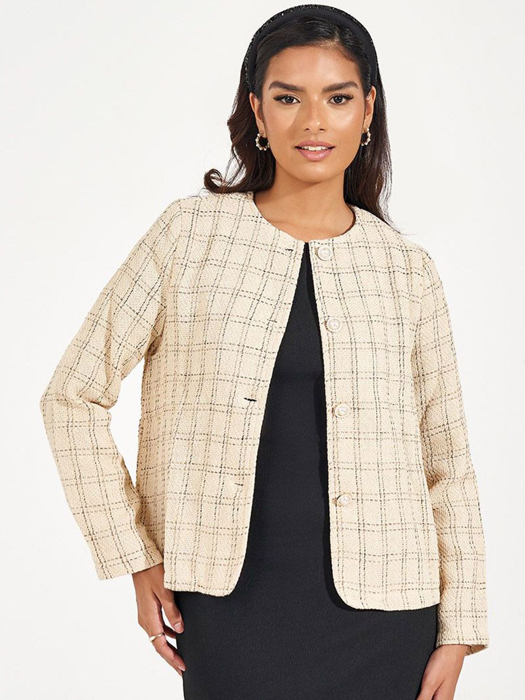 Buy Women Checked Regular Fit Tweed Jacket - Jackets for Women