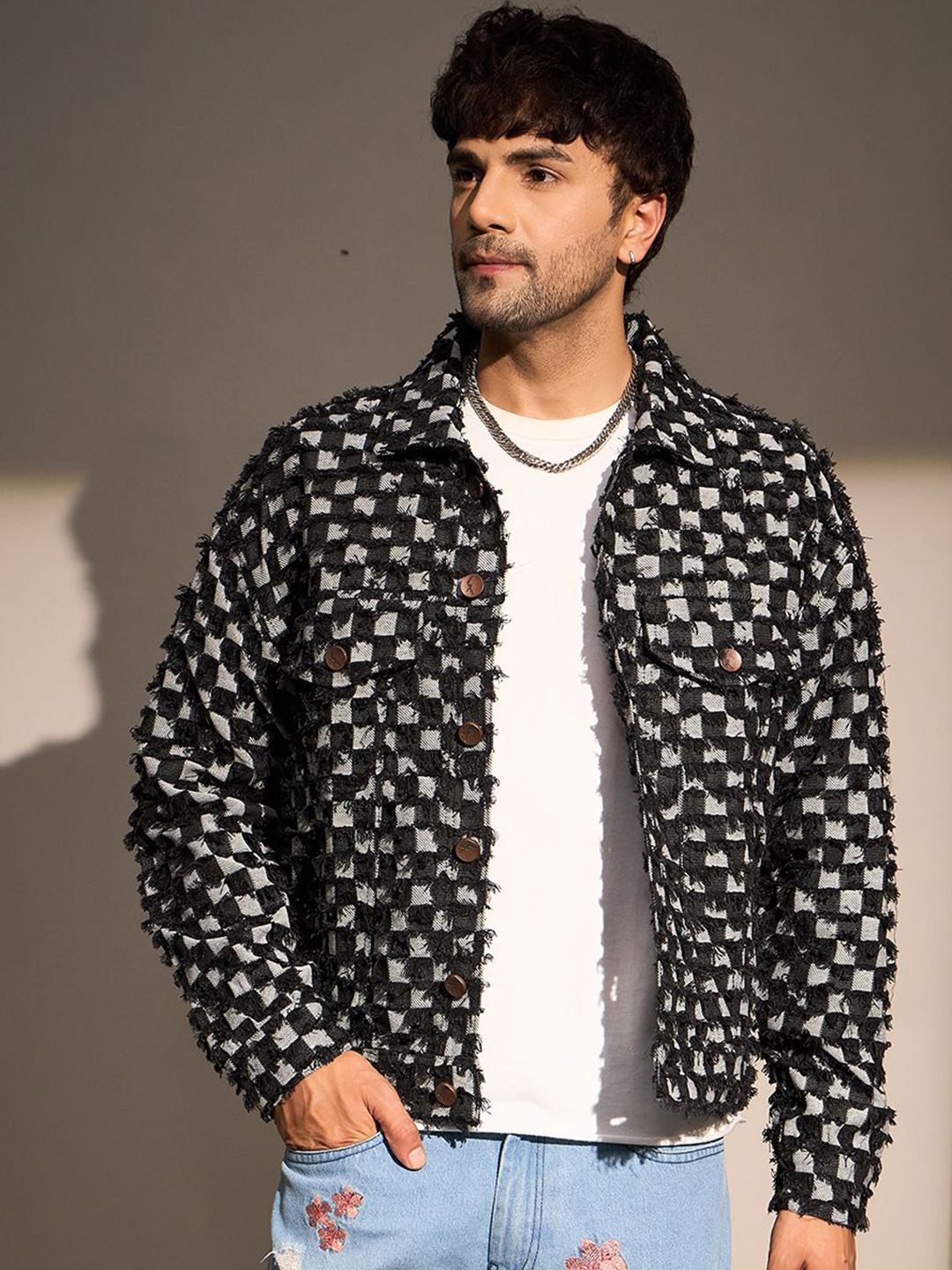 FUGAZEE Men Cotton Checked Denim Jacket