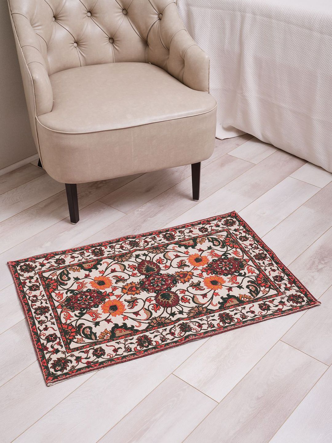 BLANC9 Mustard & Maroon Printed 800 GSM Pure Cotton Bath Rug