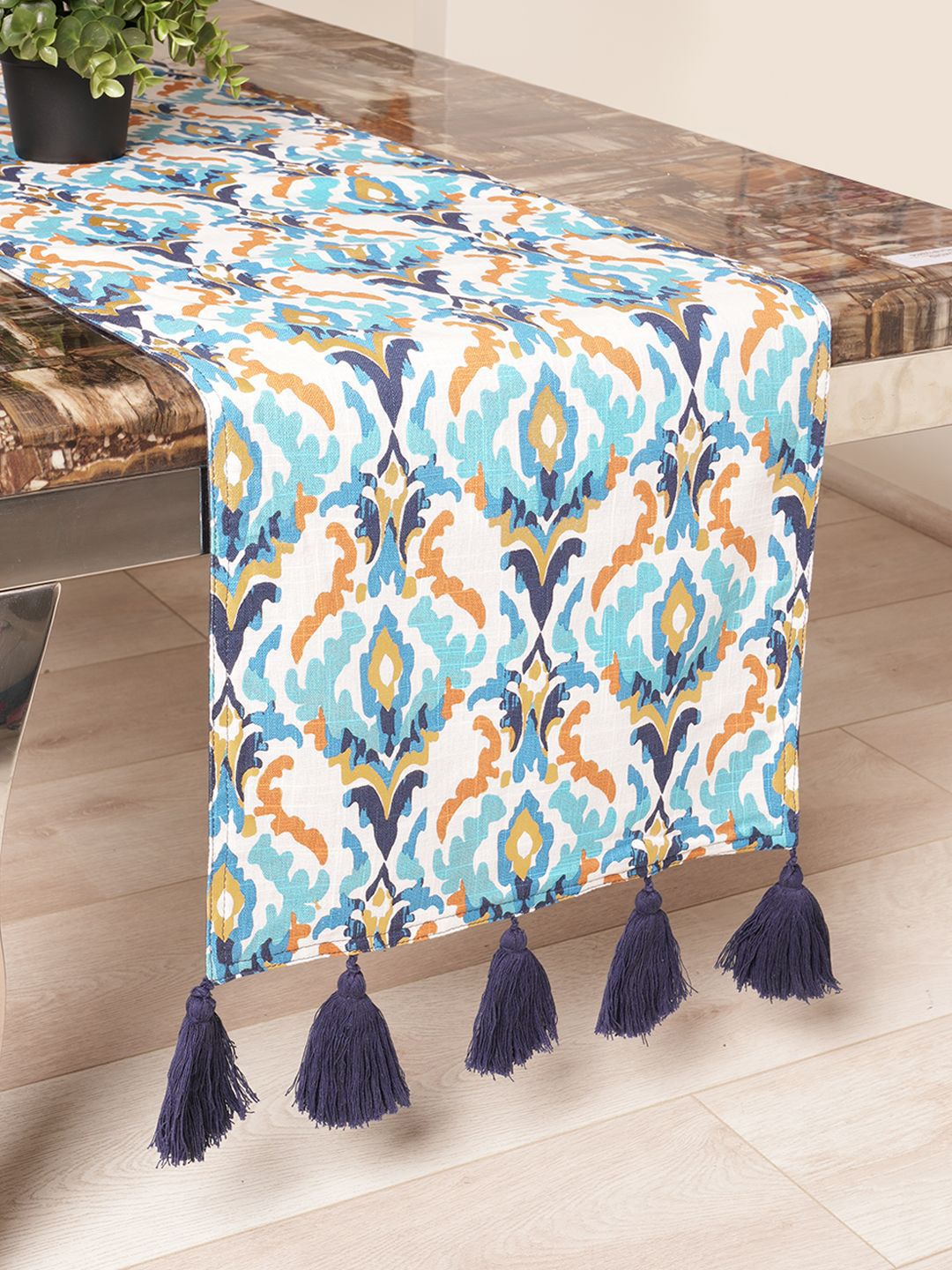 BLANC9 Blue & Brown Printed Pure Cotton Table Runner