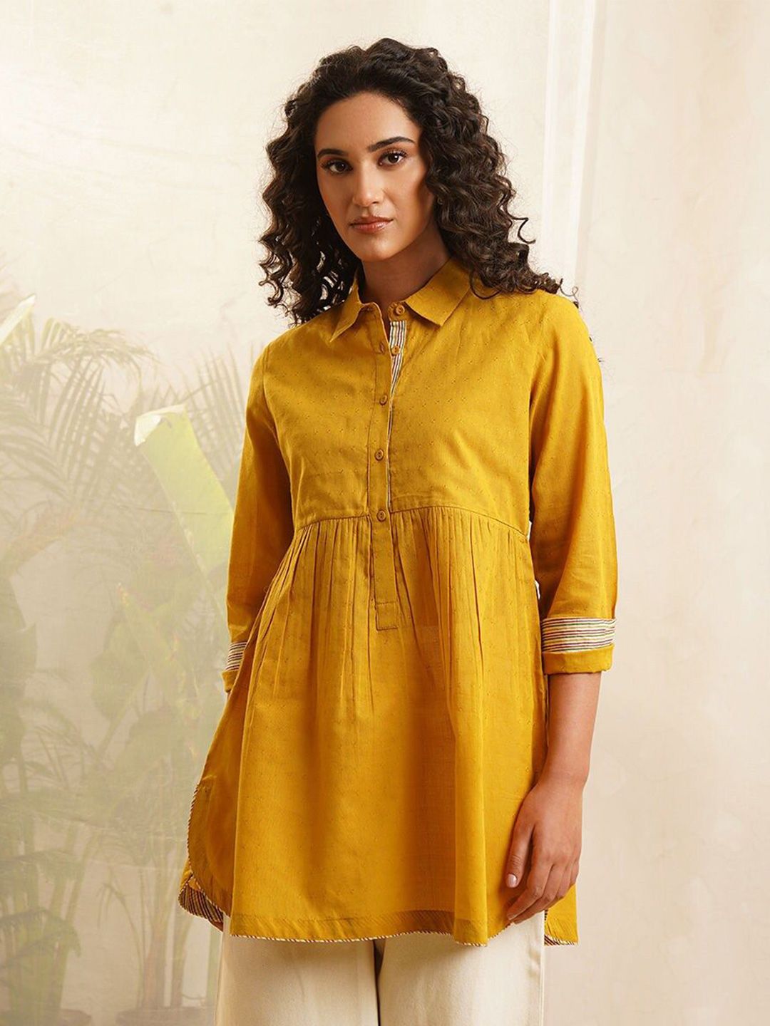 JAYPORE Women Cotton Self Design Shirt Collar Tunic
