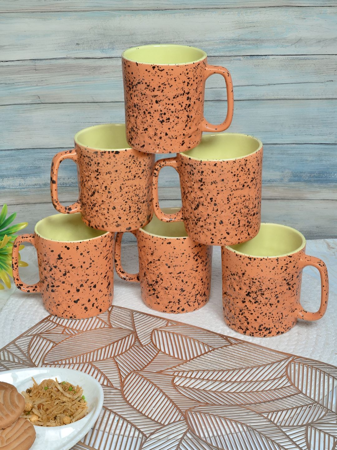 Buy FABINALIV Orange Textured Ceramic Handcrafted 6 Piece Mugs