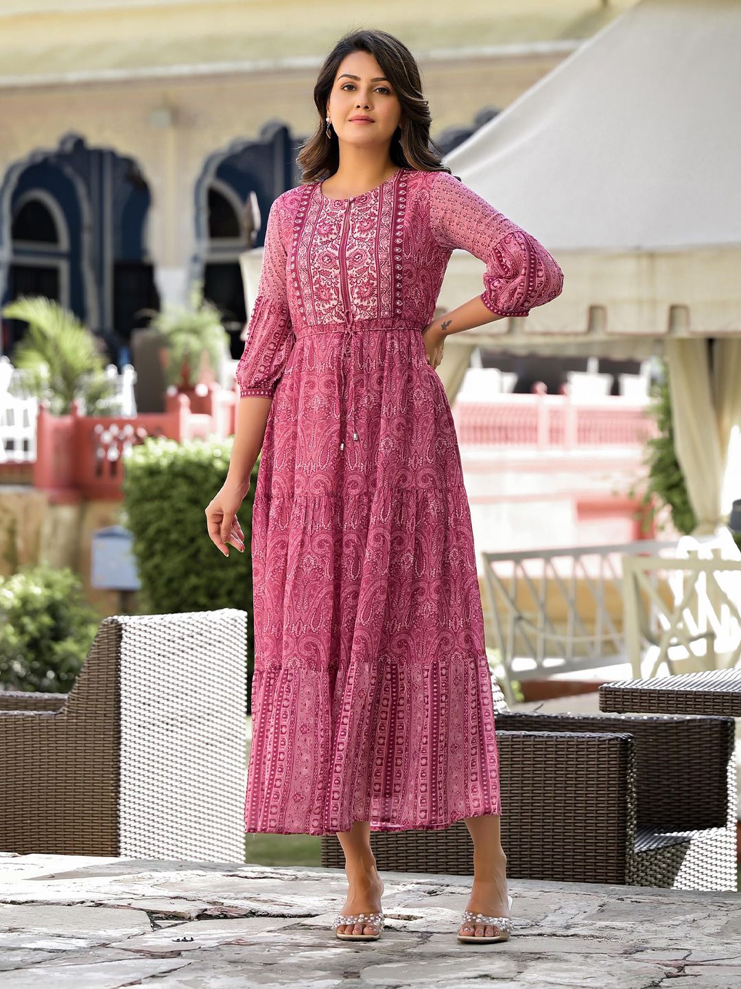 Buy Juniper Ethnic Motifs Print Keyhole Neck Bishop Sleeve