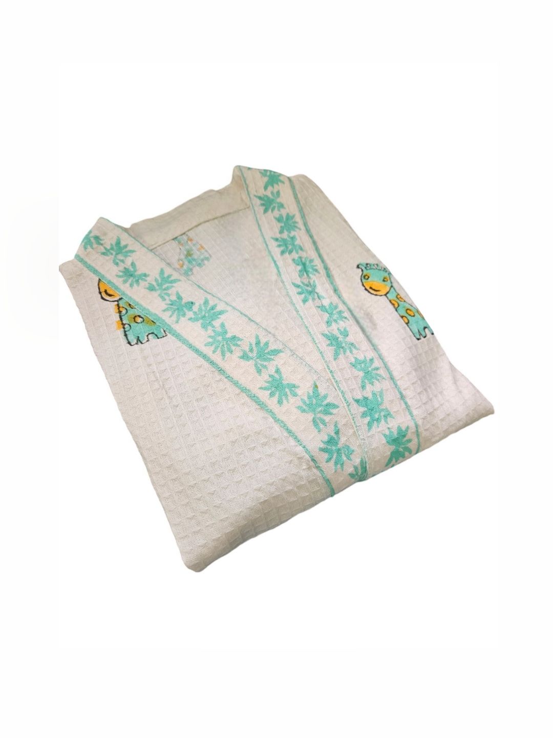 Feels Like Home Kids White and Green Printed Cotton Bath Robe