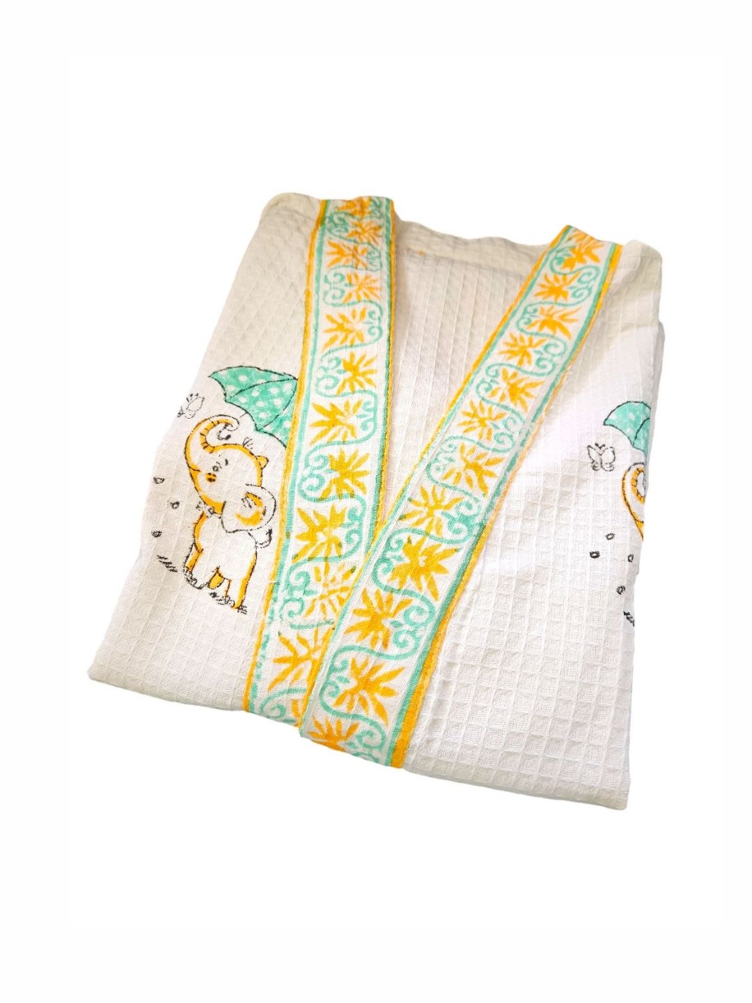 Feels Like Home White & Yellow Printed Cotton BathRobe