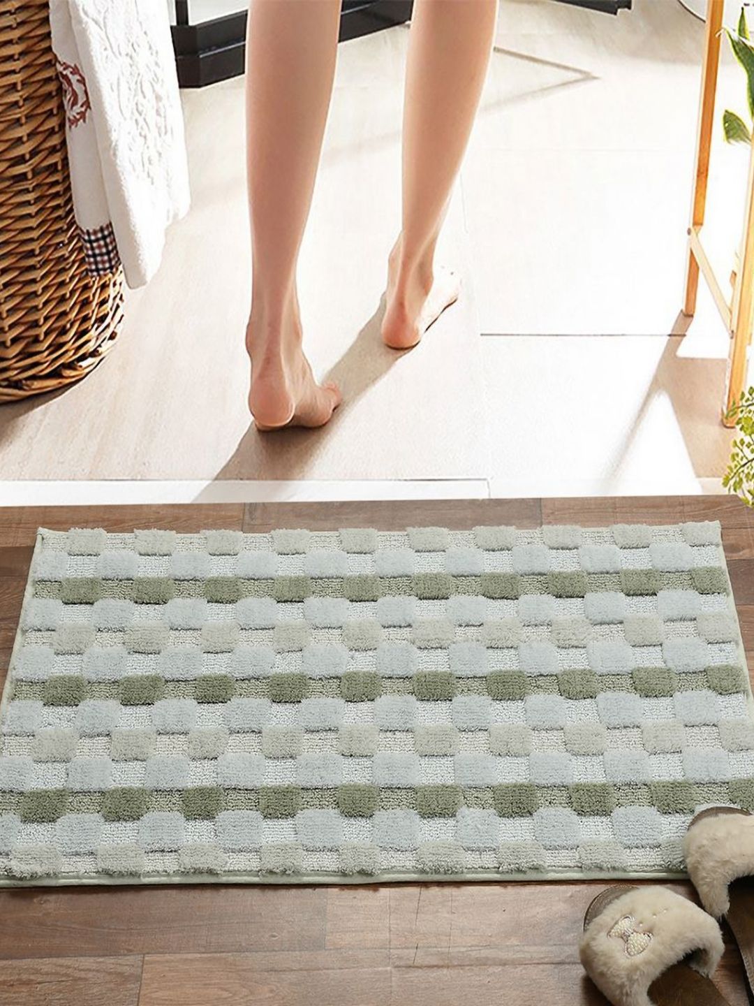 Pano Olive Green Color-Block 2000 GSM Microfiber Tufted Bath Rugs