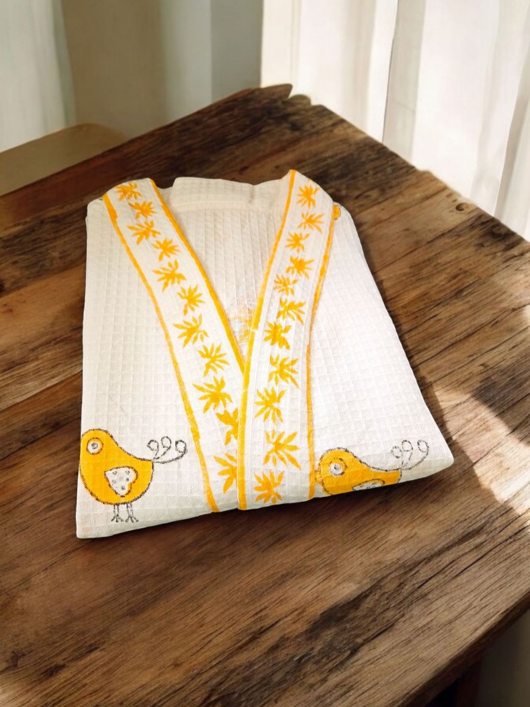Feels Like Home Kids White and Yellow Floral Printed Cotton Bath Robe