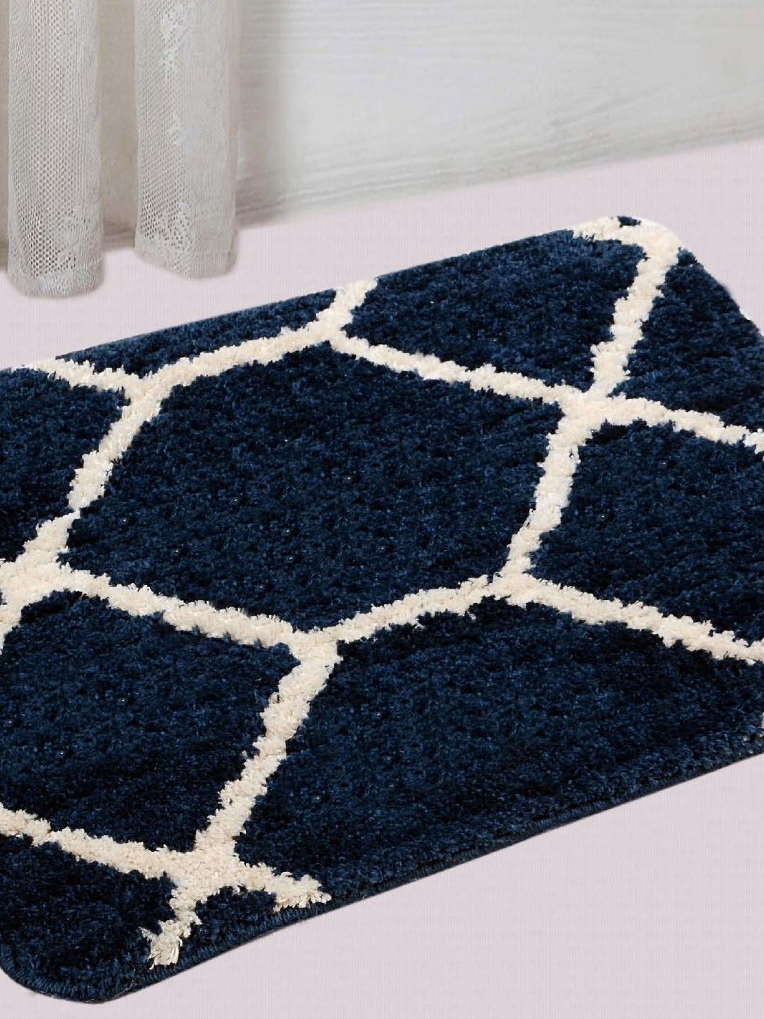 Saral Home Blue & Beige Printed Microfibre Rectangular Bath Rug