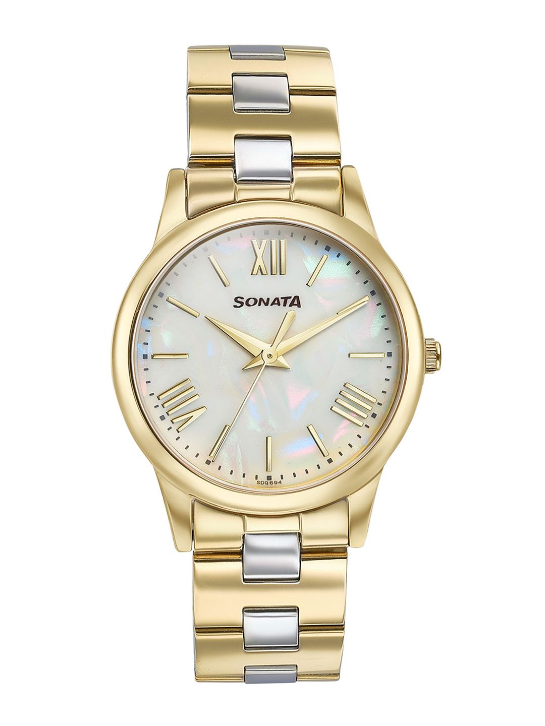 Sonata Glam Gold Quartz Analog White Mother Of Pearl Dial Watch For Women - 87061bm01w